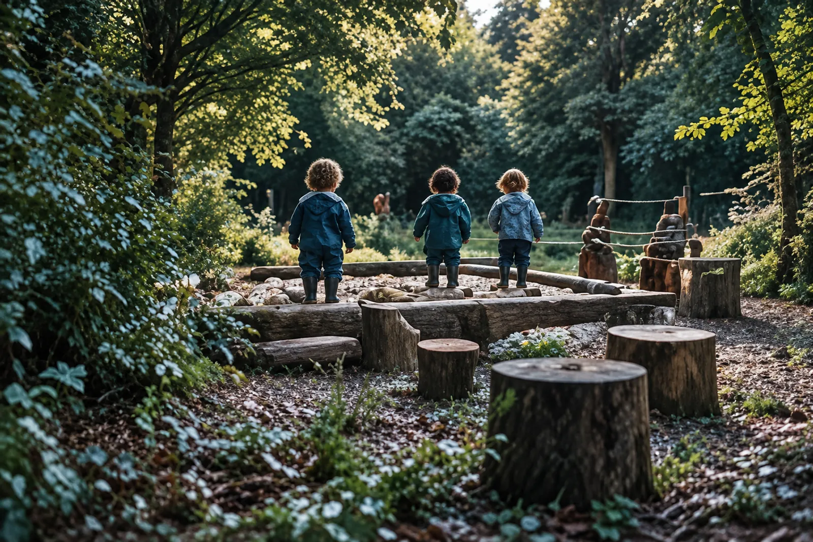 Three small children seen from far away walking past tree-stump seats in the garden at the edge of the wood