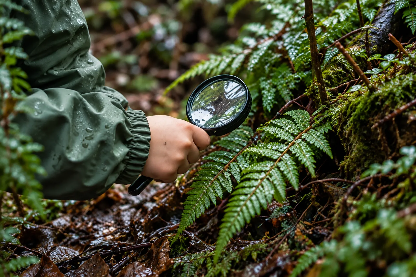 A child's hand in a green sleeve holds a magnifying glass over a wet fern on the woodland floor