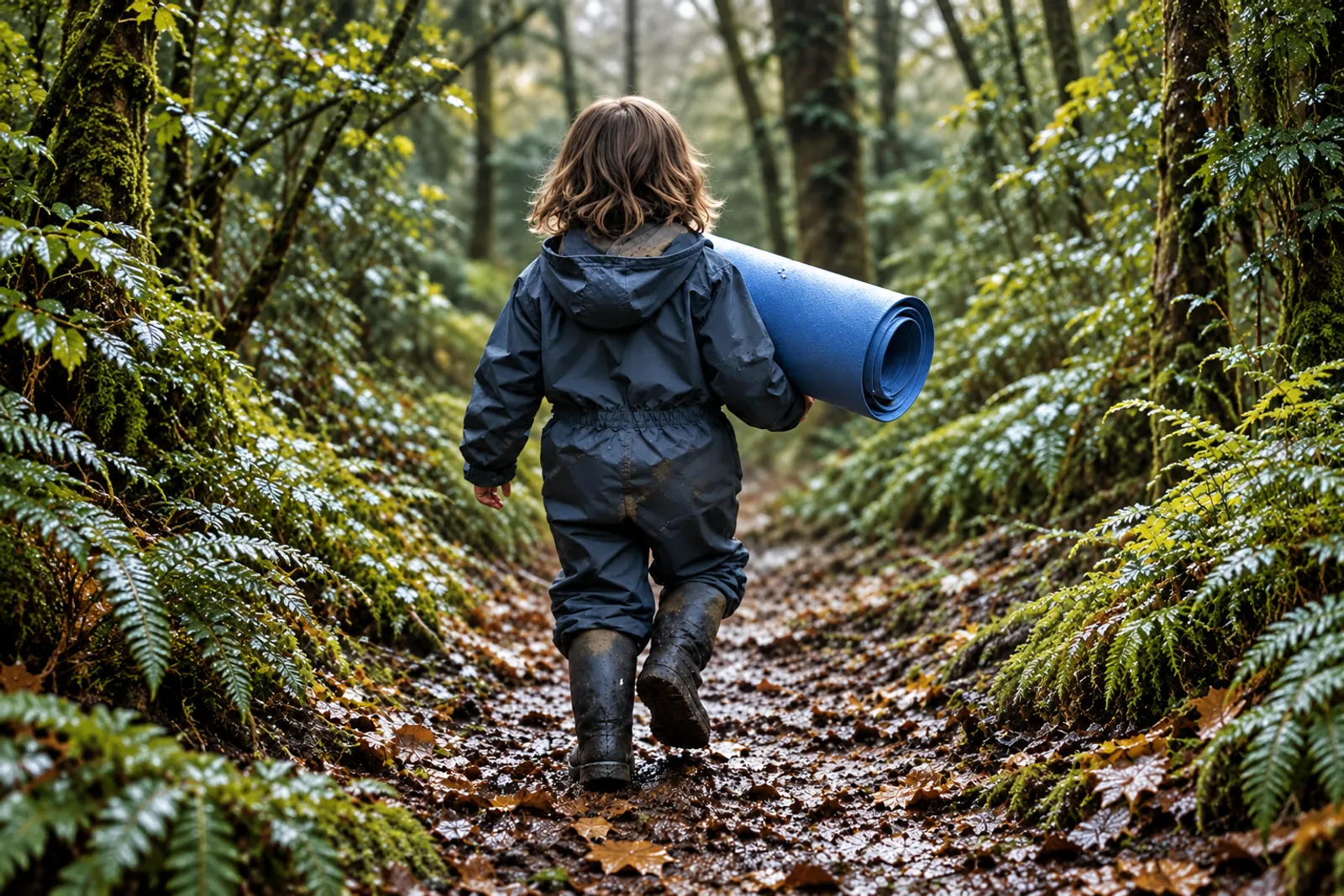 A small child in a navy waterproof suit carries a long roll of blue paper down a mossy woodland path