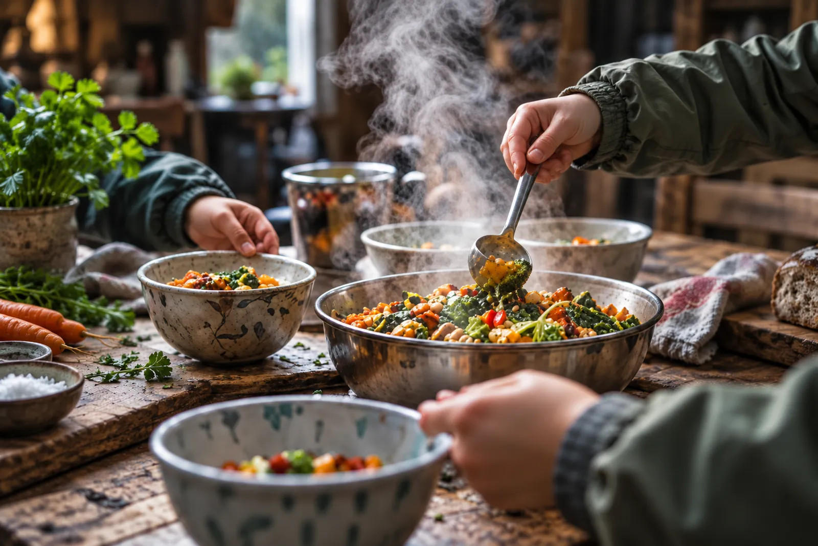 Steam rises from a big bowl of vegetables as small hands serve lunch at a wooden table