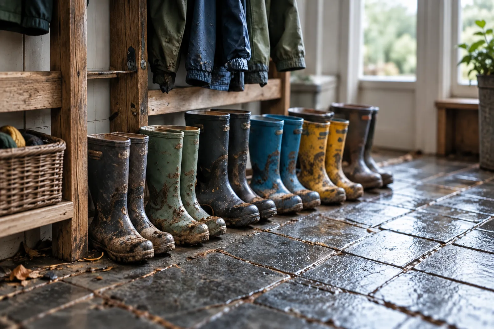 A row of muddy wellies of every size lined up under coat pegs on a slate floor