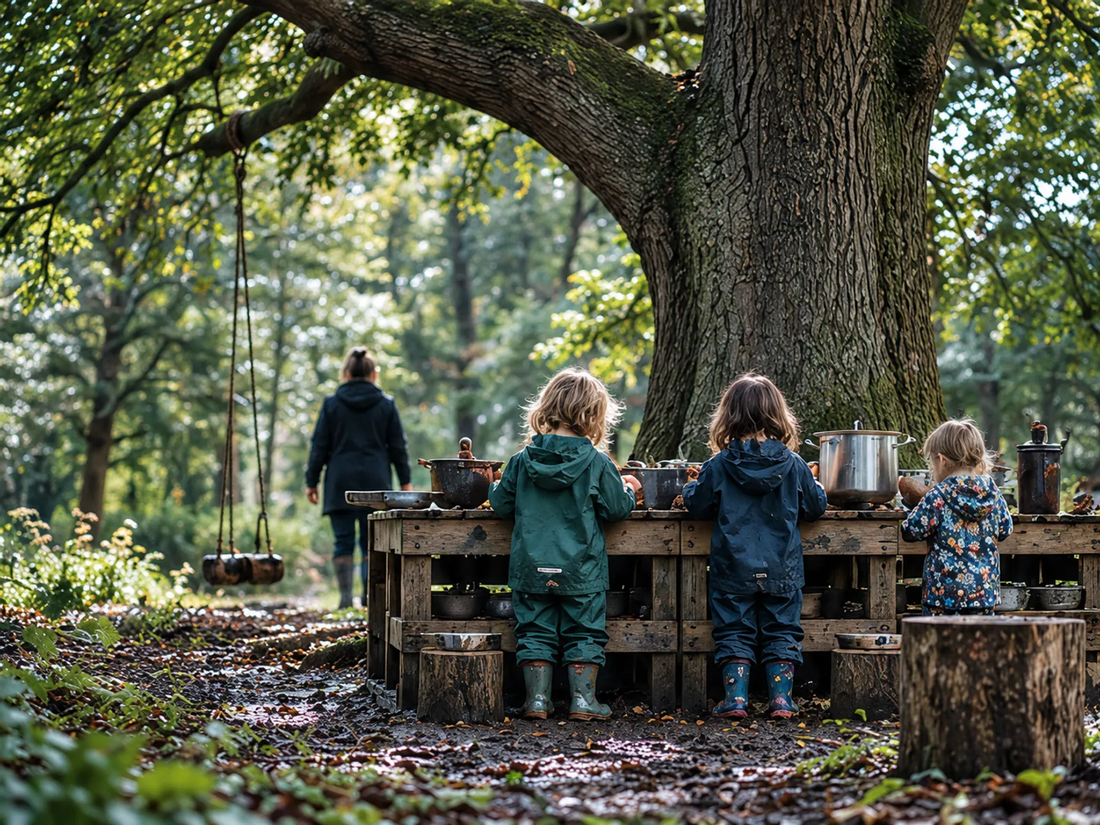 Children in waterproofs at a wooden mud kitchen under a huge oak in the wood, a grown-up standing back by the rope swing