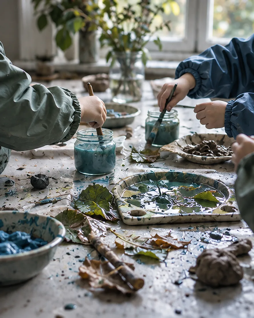 Children's hands in waterproof sleeves dip brushes into jars of blue-green paint at a table strewn with leaves and clay