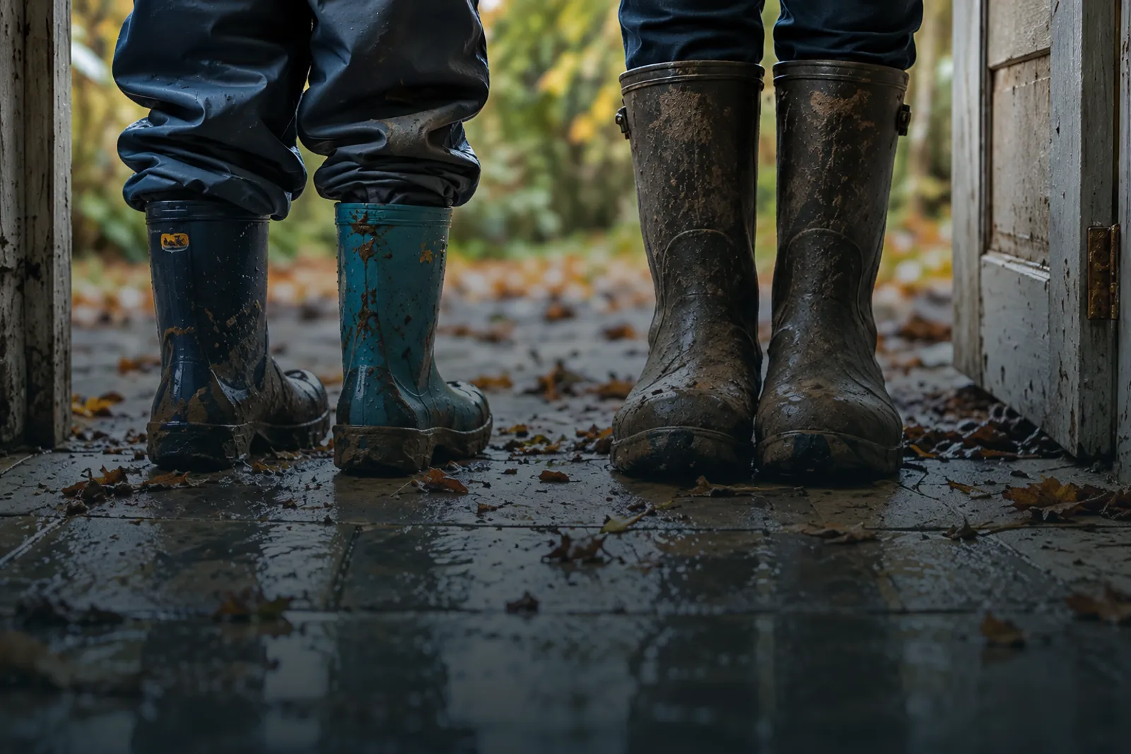 Two pairs of muddy children's wellies and a grown-up's boots side by side at the open schoolhouse door