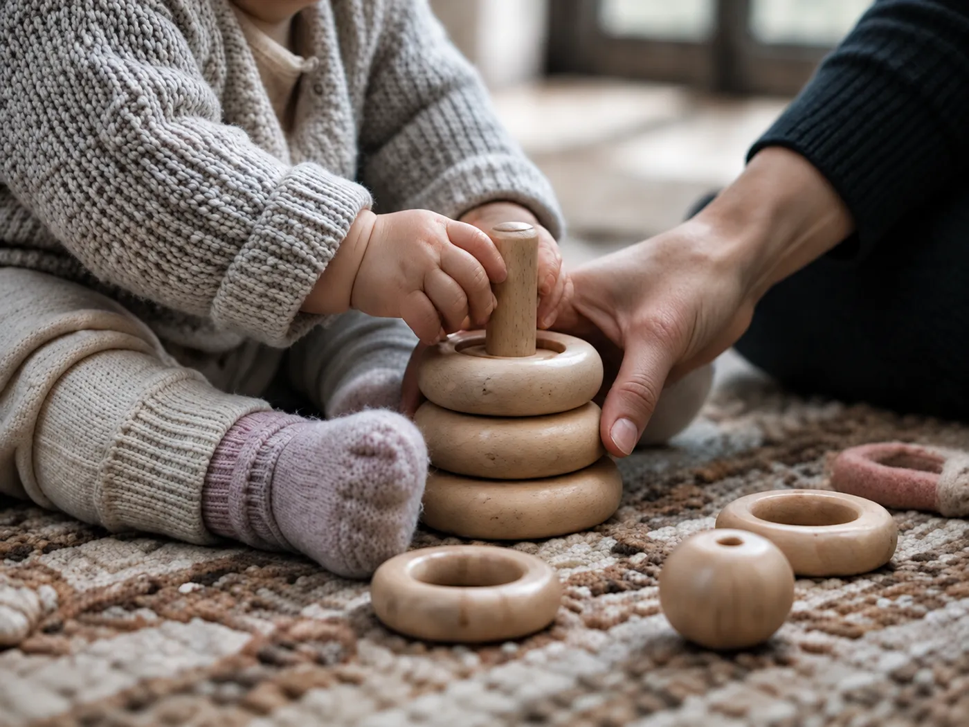 A baby's hands stack wooden rings on a peg on a woven rug, a grown-up's hand steadying the tower