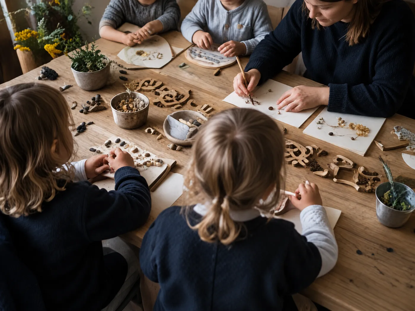 Older children seen from behind around a big wooden table, tracing letters and counting pine cones with a grown-up