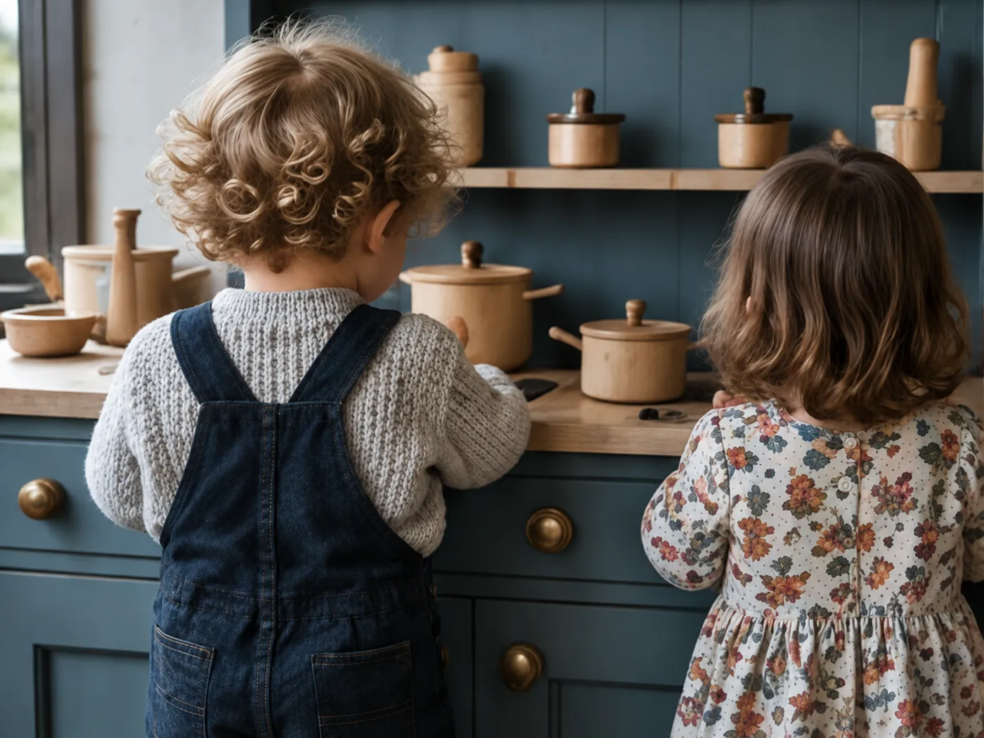 Two toddlers seen from behind play at a slate-blue play kitchen lined with wooden pots