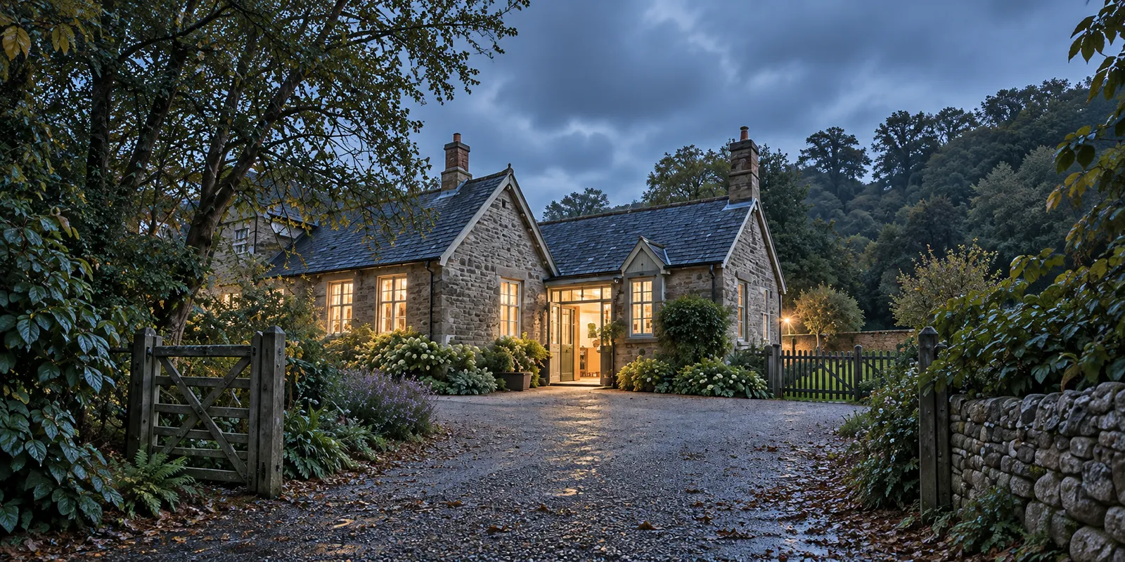 The old stone schoolhouse at blue hour, its door open and lit, a garden gate and trees on either side