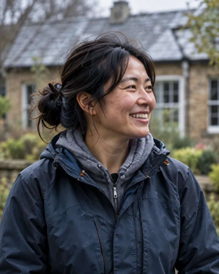 Portrait of Grace Lin smiling, her hair tied back, in a navy jacket in front of the stone schoolhouse