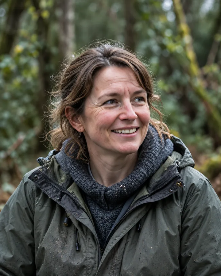 Portrait of Helen Ashby smiling, in a green waterproof jacket and a grey scarf, trees behind her