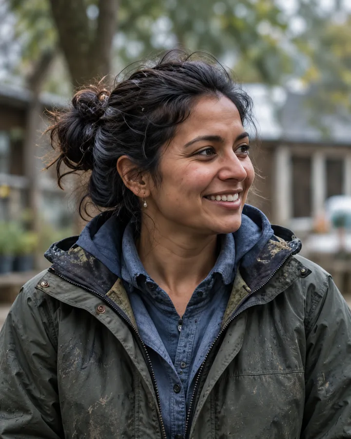 Portrait of Maya Fernandes smiling, her dark hair tied up, in a green jacket in front of the schoolhouse