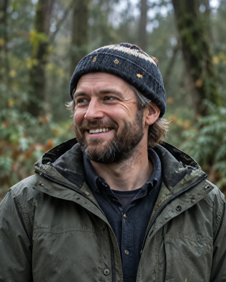 Portrait of Tom Reeve smiling in a knitted hat and a green waterproof jacket in the wood