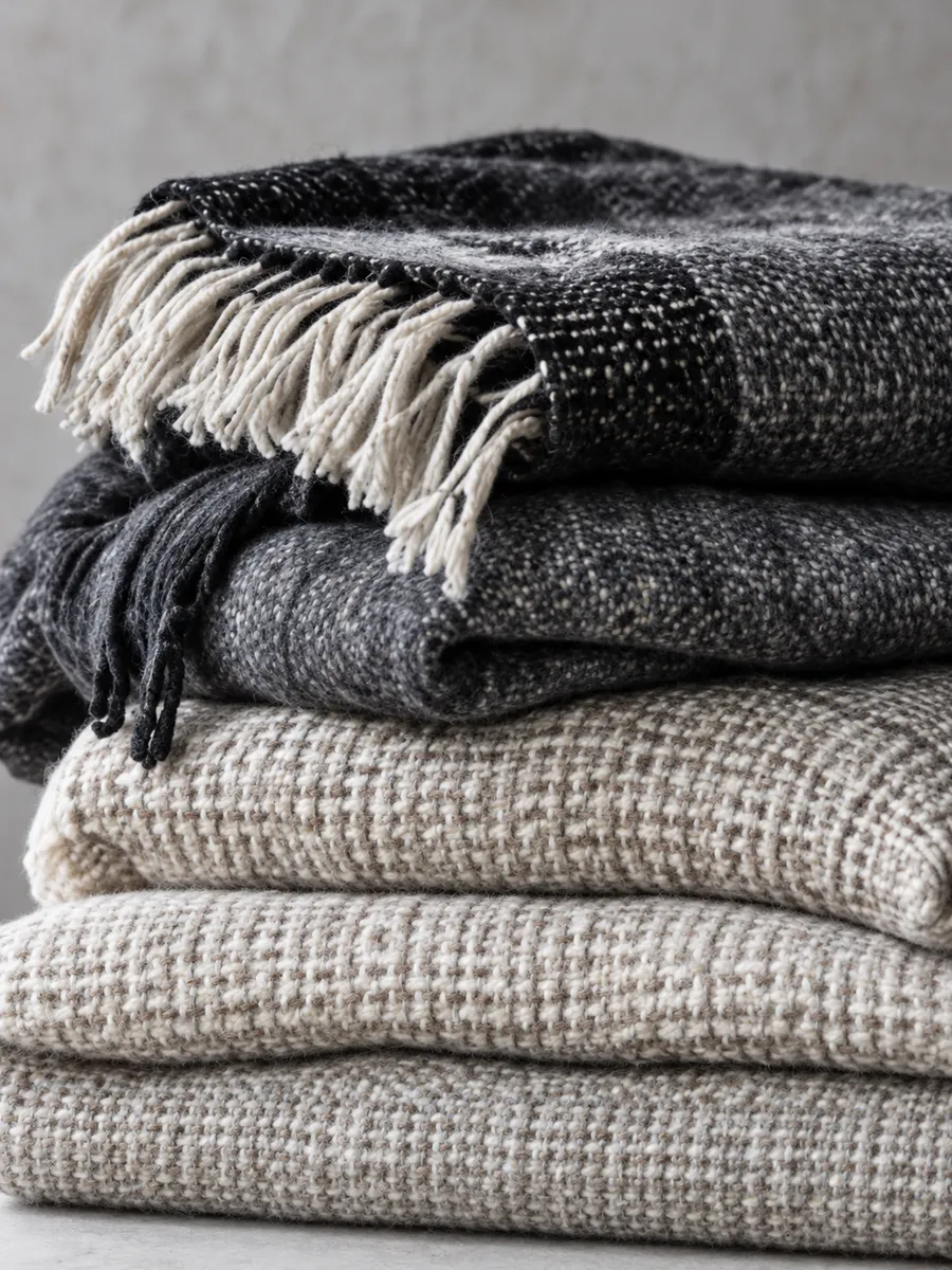 Folded wool blankets in charcoal, grey and oat stacked with their fringed edges showing