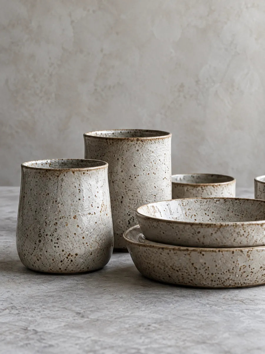 Speckled stoneware cups and bowls grouped on a pale stone surface