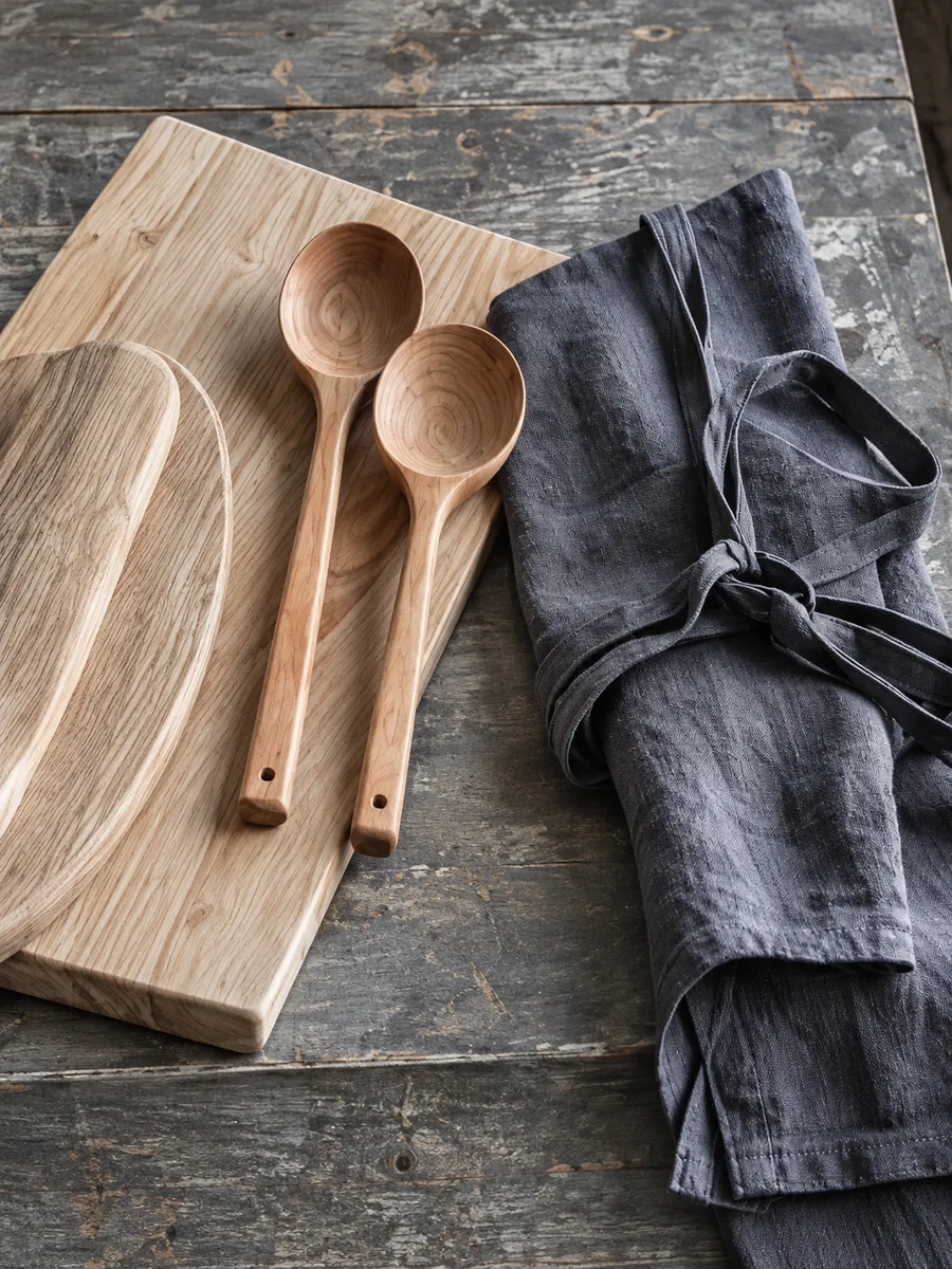 Pale ash boards, two cherry wood spoons and a slate linen apron on a worktable