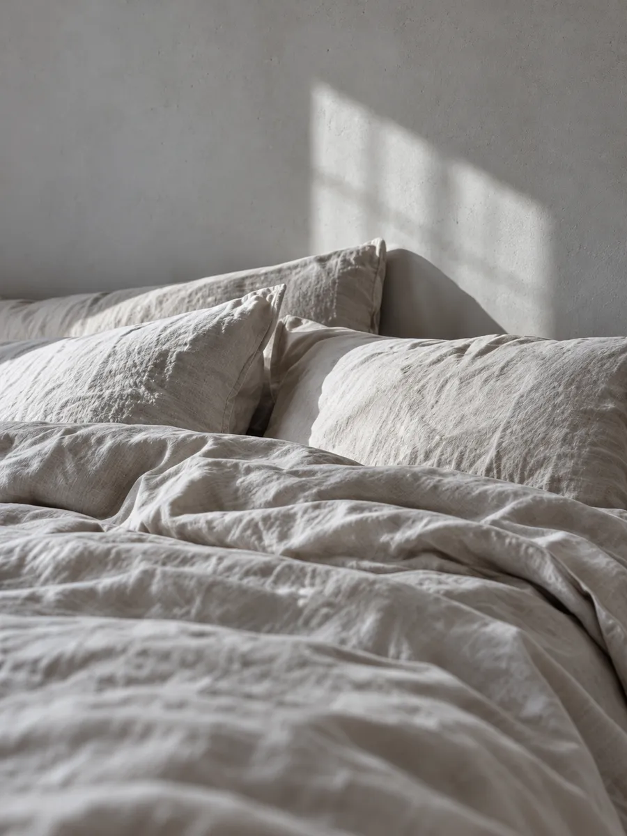 An unmade bed of oat flax linen in soft side light