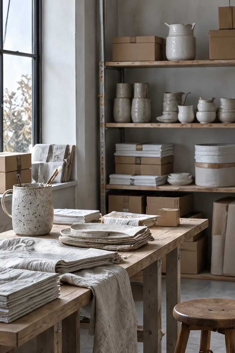 The packing studio in Dublin: shelves of stoneware, brown paper and boxes, a long table of folded linen