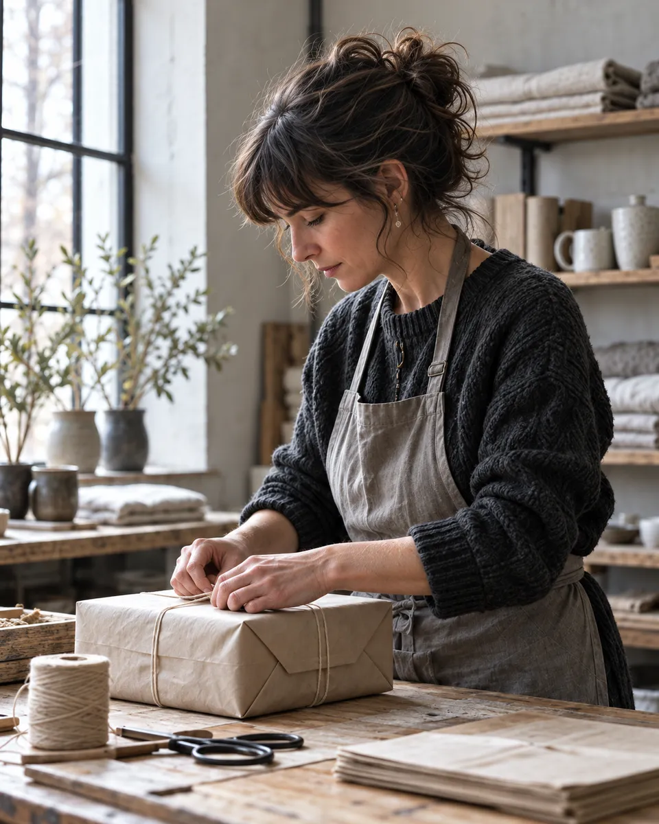 Founder Elin Vance wrapping a parcel in brown paper and cotton string at the studio's packing table