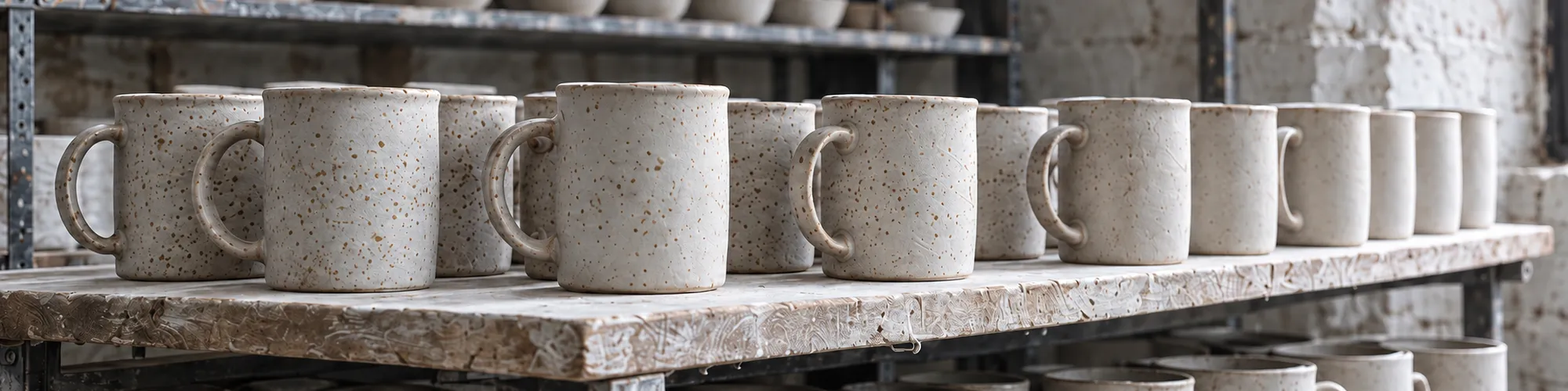 A long workshop shelf lined with rows of unglazed speckled mugs