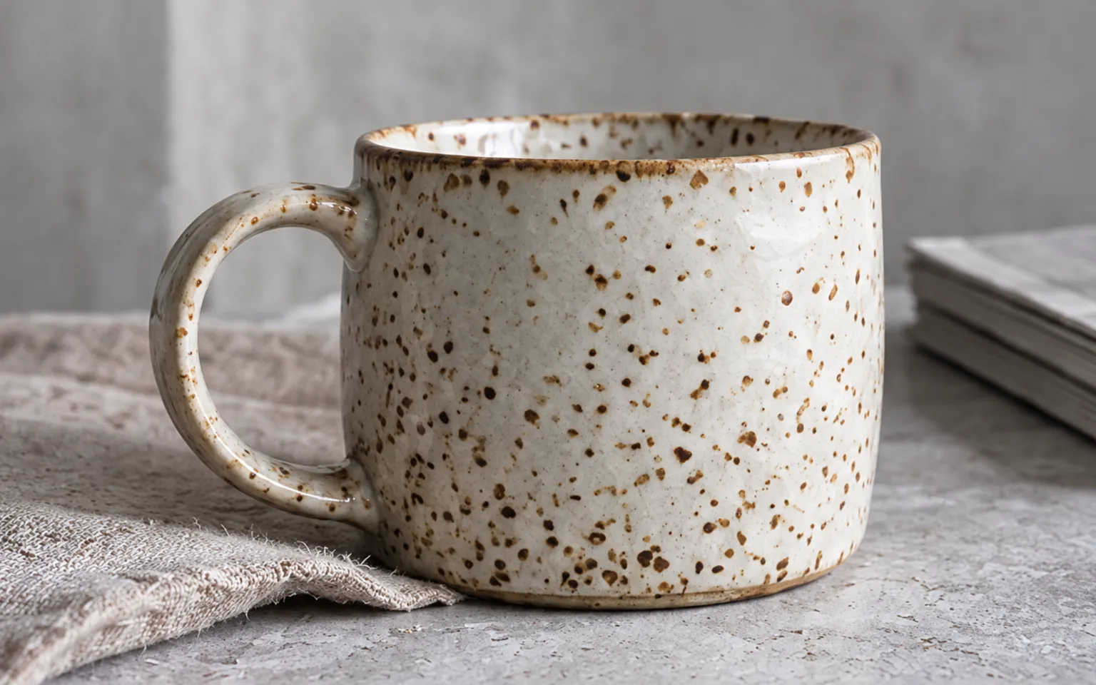 A speckled oat stoneware mug on a folded linen cloth