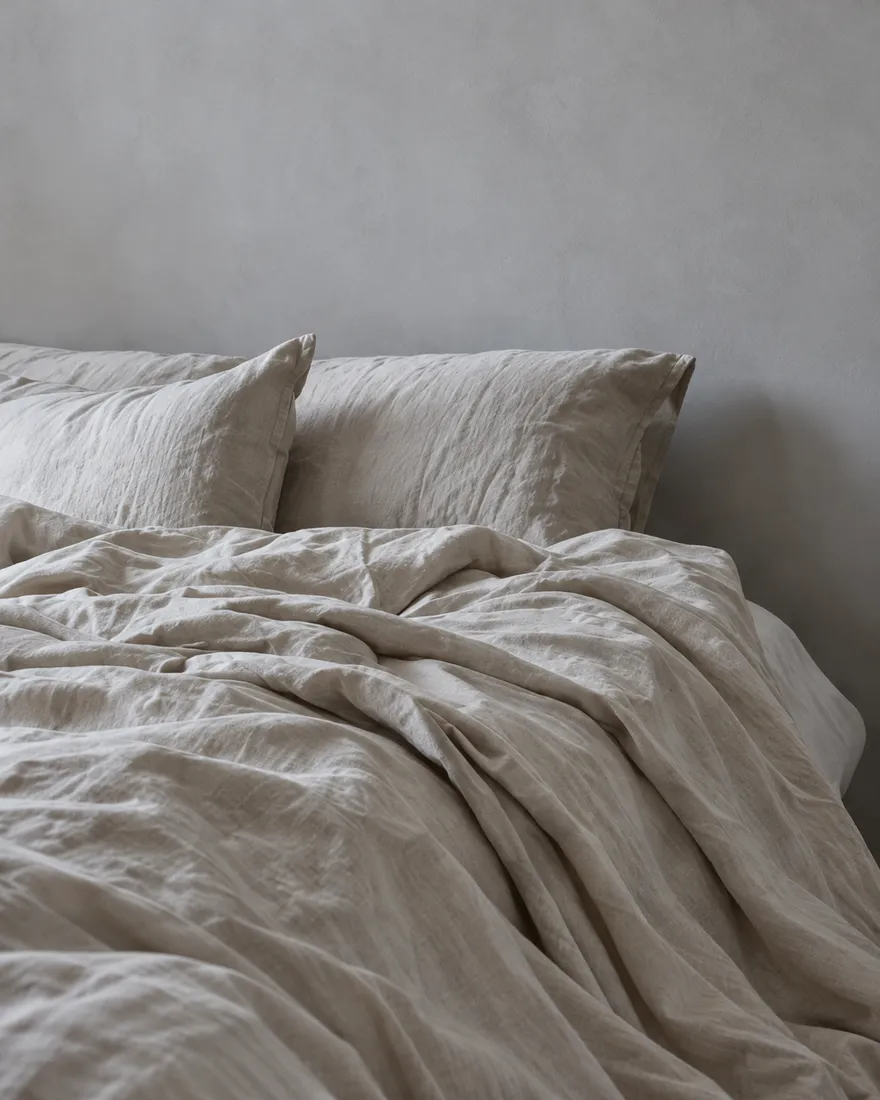 A rumpled oat linen duvet cover and pillows on a low bed