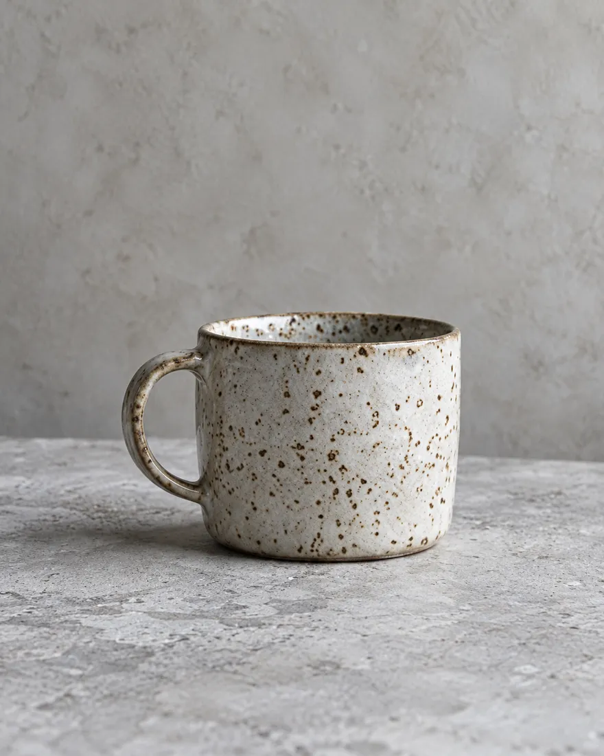 A speckled oat stoneware mug on a pale concrete surface