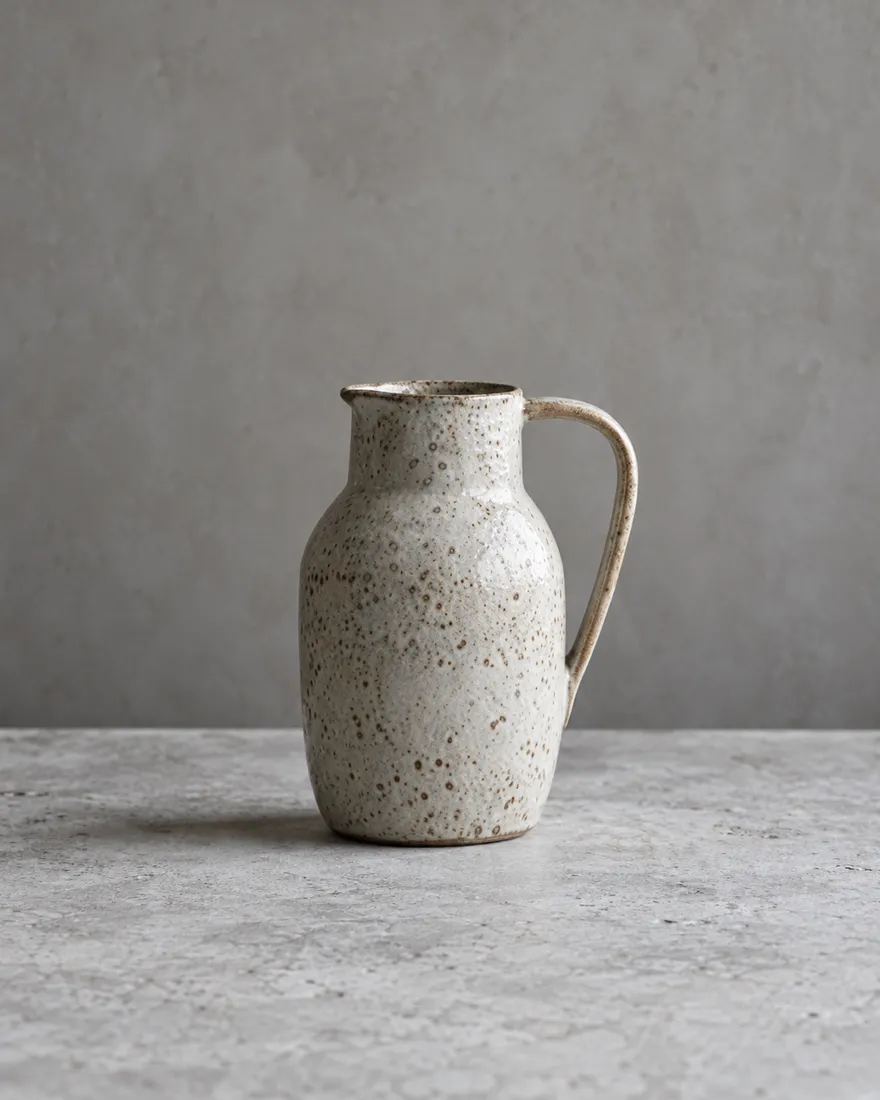 A tall speckled stoneware jug on a pale concrete surface