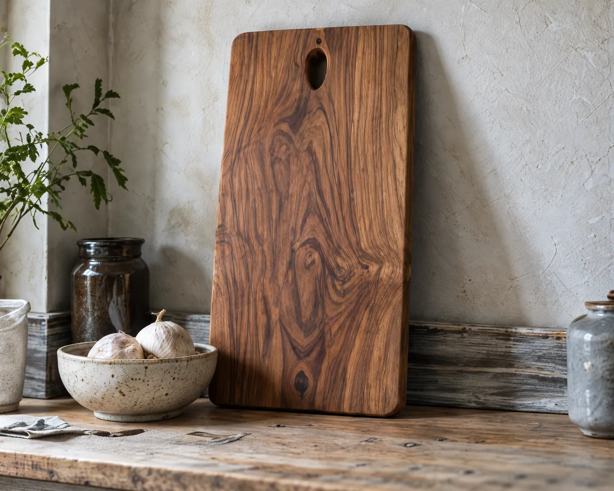 A cherry wood board leaning against a pale kitchen wall beside a bowl of garlic