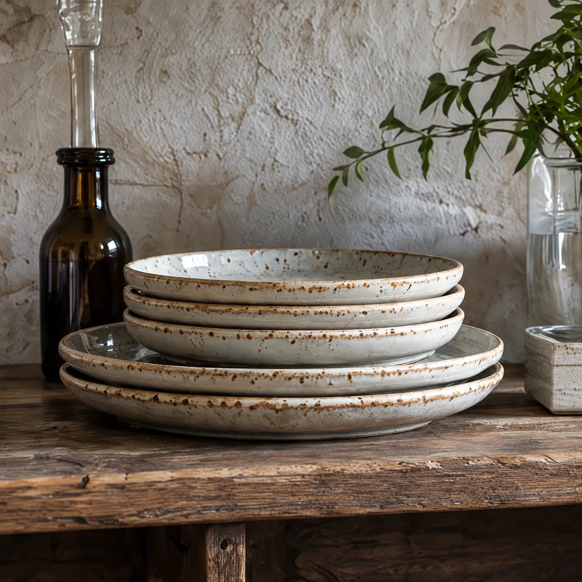 A stack of speckled stoneware plates on a rustic kitchen shelf