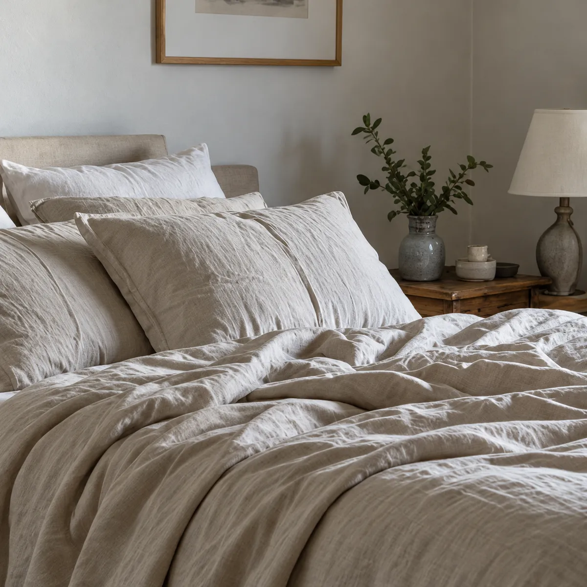 A cottage bed made up in rumpled oat linen beside a small lamp