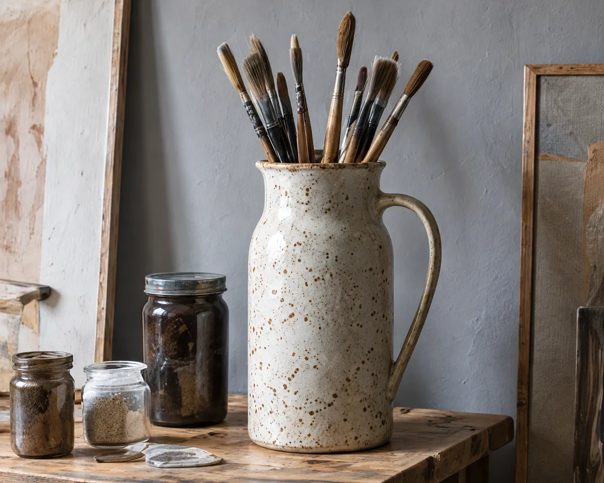 A tall speckled jug holding paintbrushes on a studio table