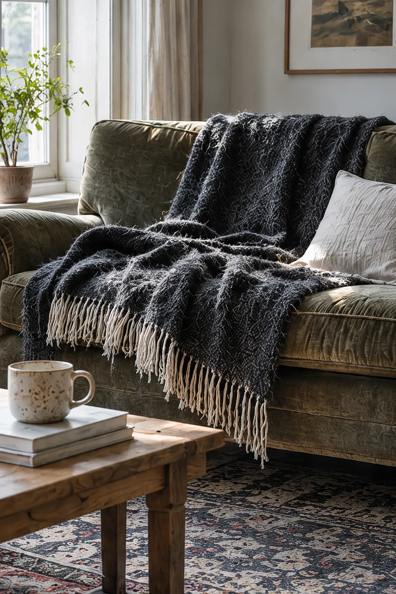 A charcoal fringed lambswool throw over an olive velvet sofa beside a wooden coffee table