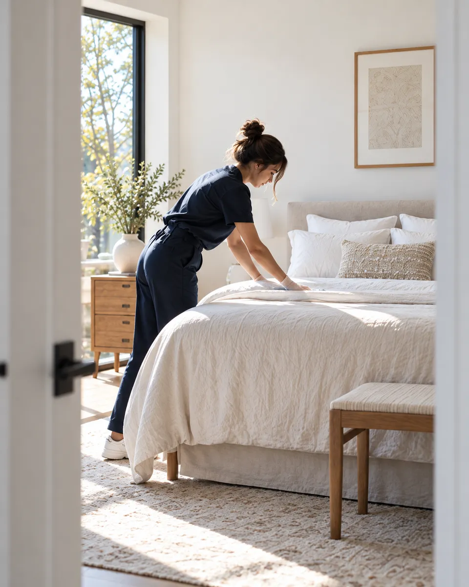 Seen through a doorway, a cleaner in navy smoothing the white duvet of a made bed in a sunlit bedroom
