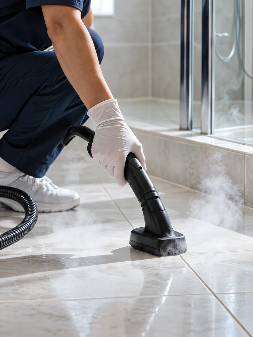 A gloved cleaner crouching to steam-clean pale floor tiles in a bright bathroom, a little steam rising