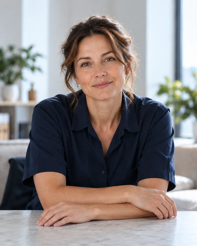 Portrait of Elena Marsh in a navy work shirt, leaning on a table in a bright room with plants