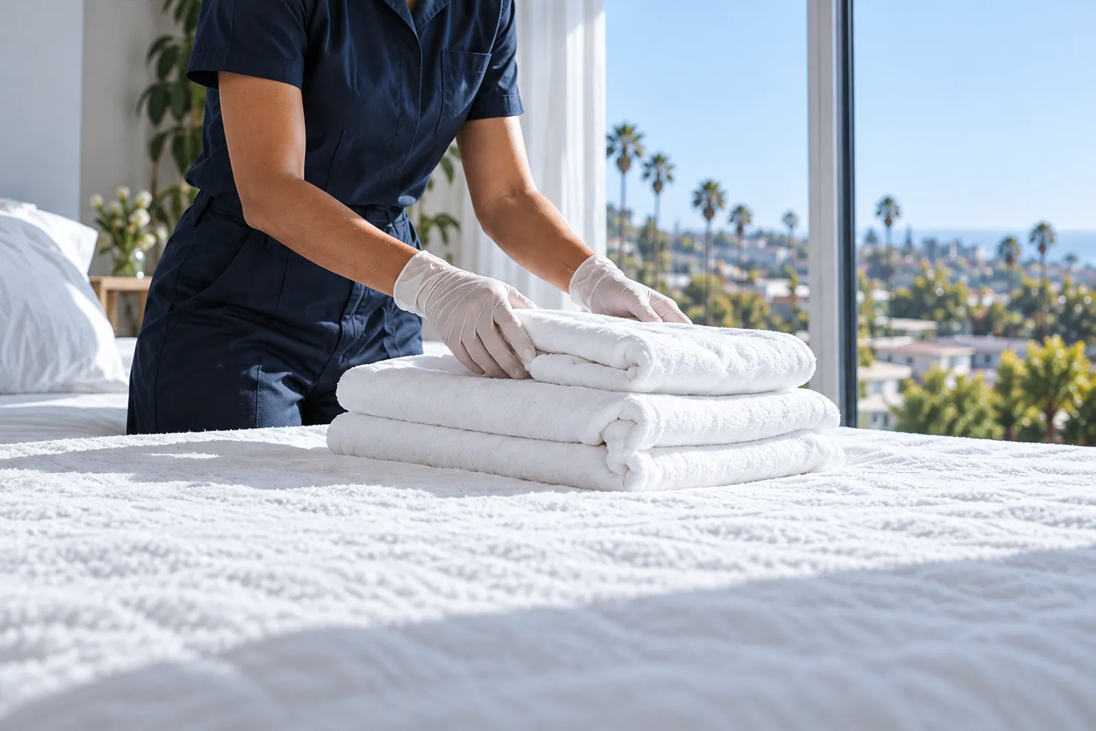 Gloved hands folding white towels on a made bed by an open window, palm trees and the city beyond