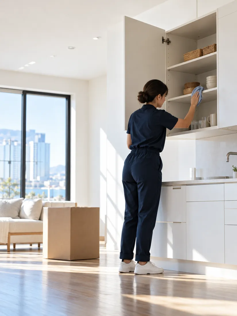 An empty, sunlit apartment kitchen, a cleaner in navy wiping inside an open white cupboard, a box on the floor