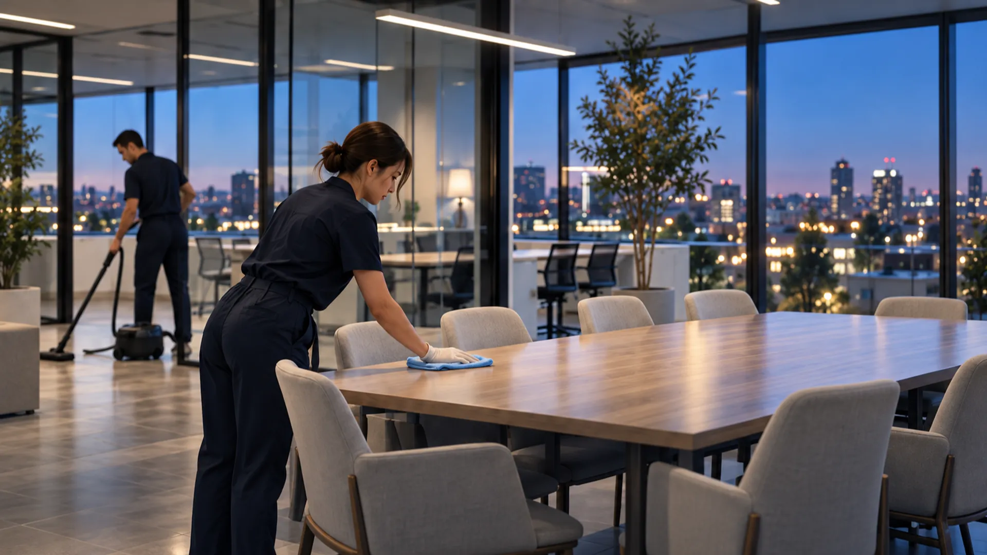 A glass-walled office at blue hour over the city, one cleaner wiping a long oak table and another vacuuming behind