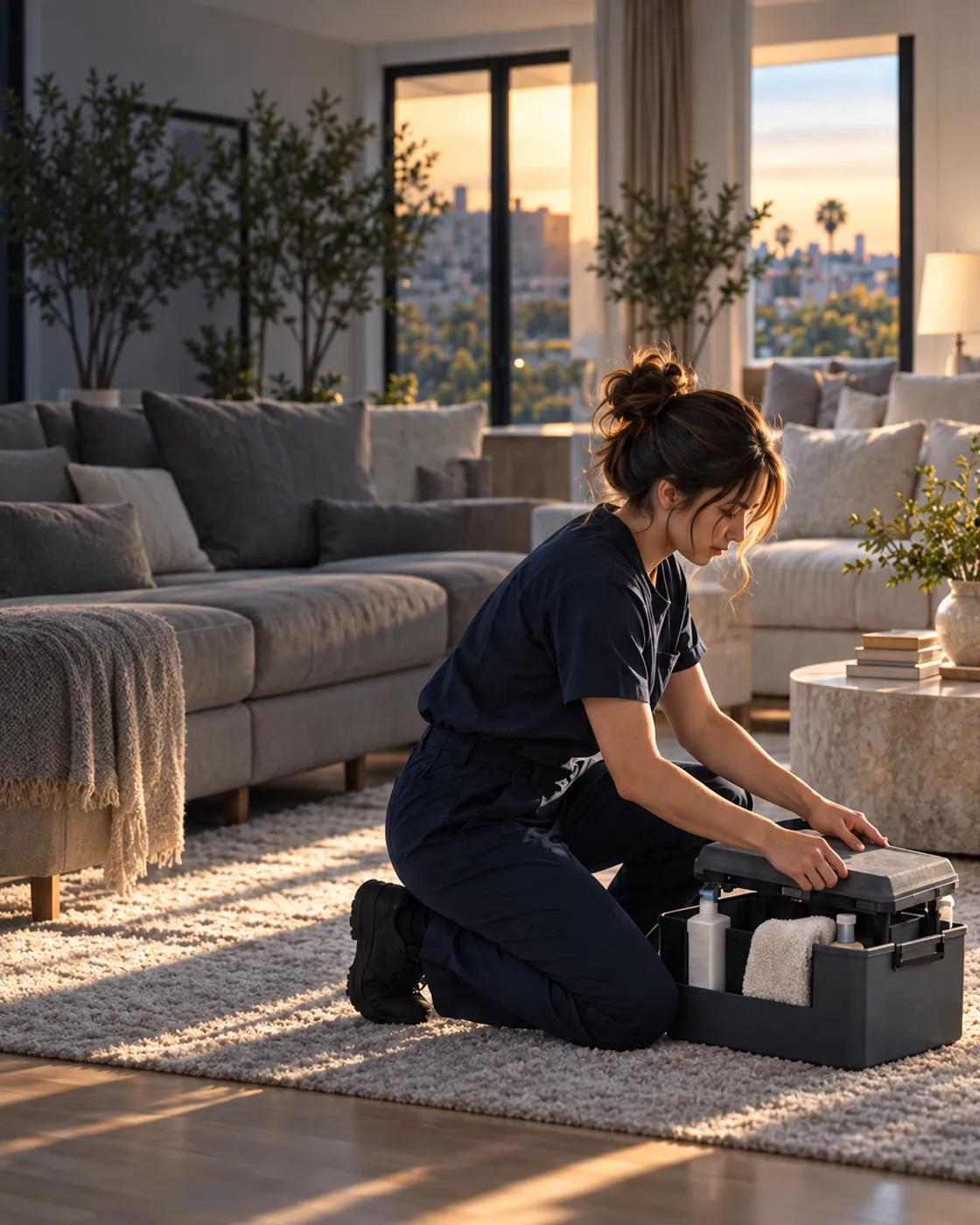 A cleaner kneeling on a rug to close a grey supply caddy in a quiet living room at late-afternoon light