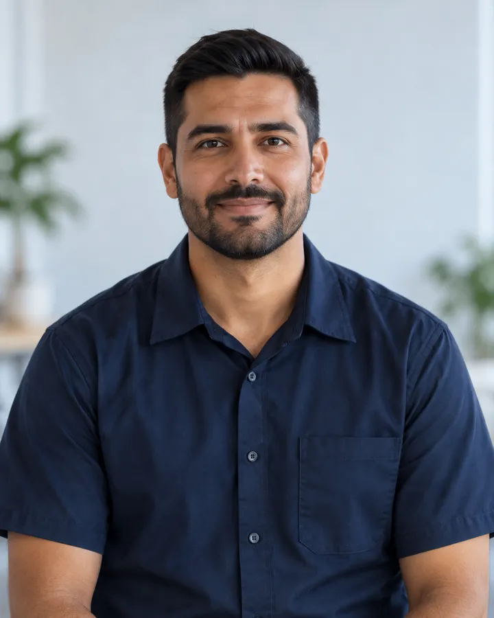 Portrait of Daniel Ortiz, bearded, in a navy work shirt, in a bright room with plants