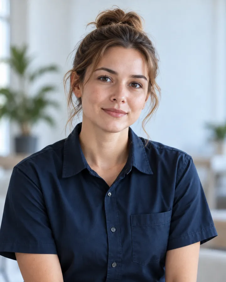 Portrait of Hannah Price in a navy work shirt, her hair in a bun, in a bright room with plants