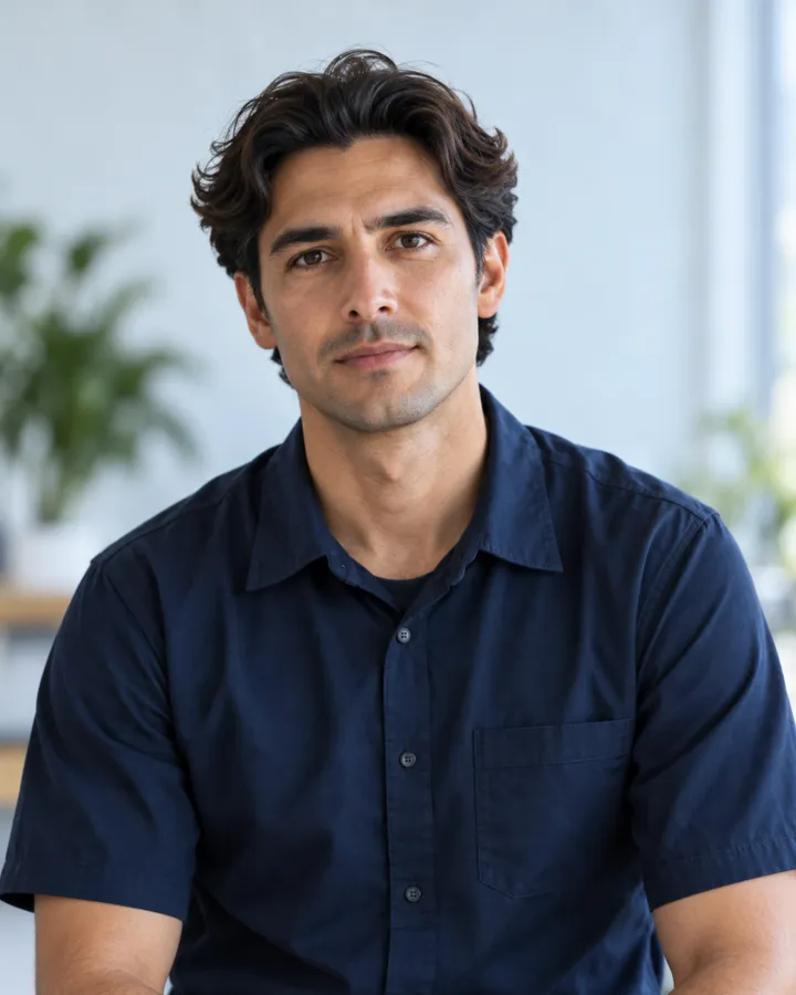 Portrait of Marco Silva with wavy dark hair, in a navy work shirt, in a bright room with plants