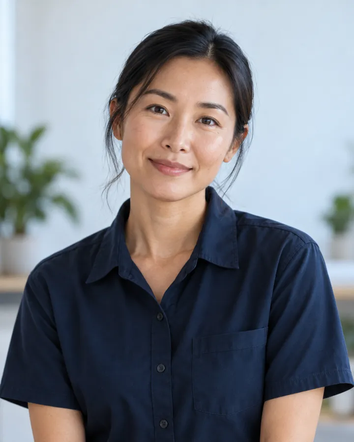 Portrait of Mei Lin, her hair tied back, in a navy work shirt, in a bright room with plants