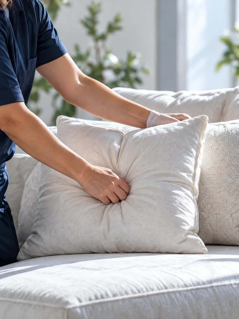 Hands in navy sleeves plumping white linen cushions on a white sofa
