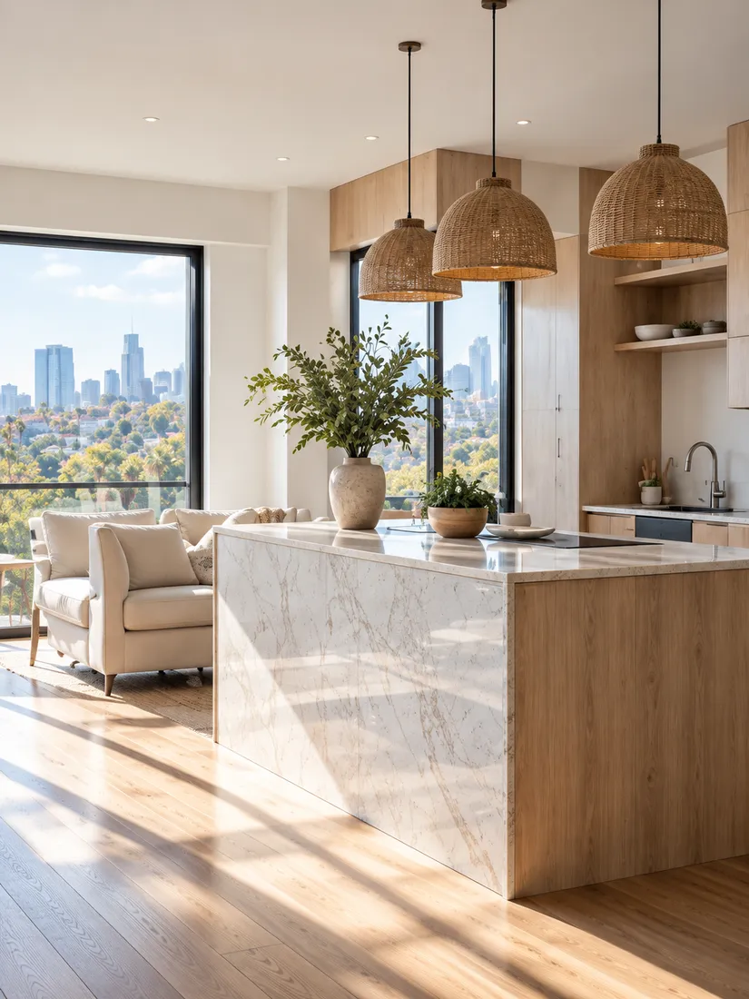 An empty apartment kitchen with a marble island, oak cabinets and three wicker pendant lamps in afternoon sun