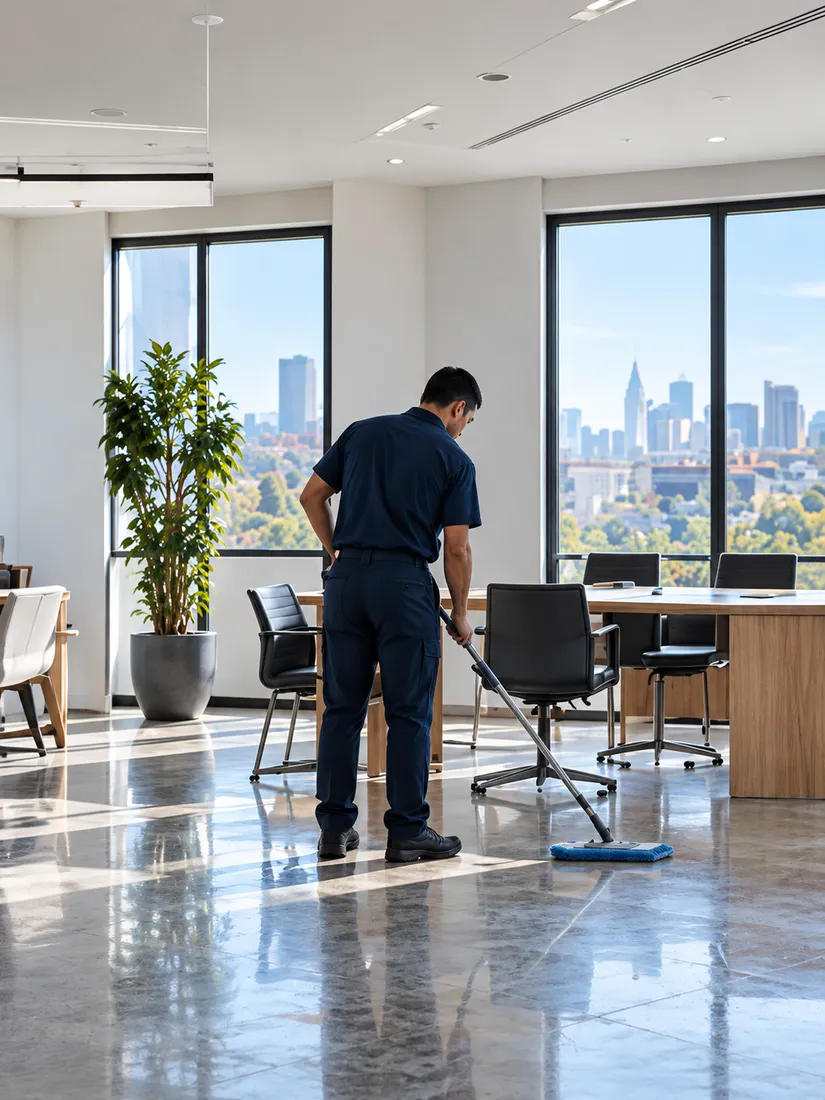 A wide, quiet office with tall windows onto the city, a cleaner in navy mopping the polished floor