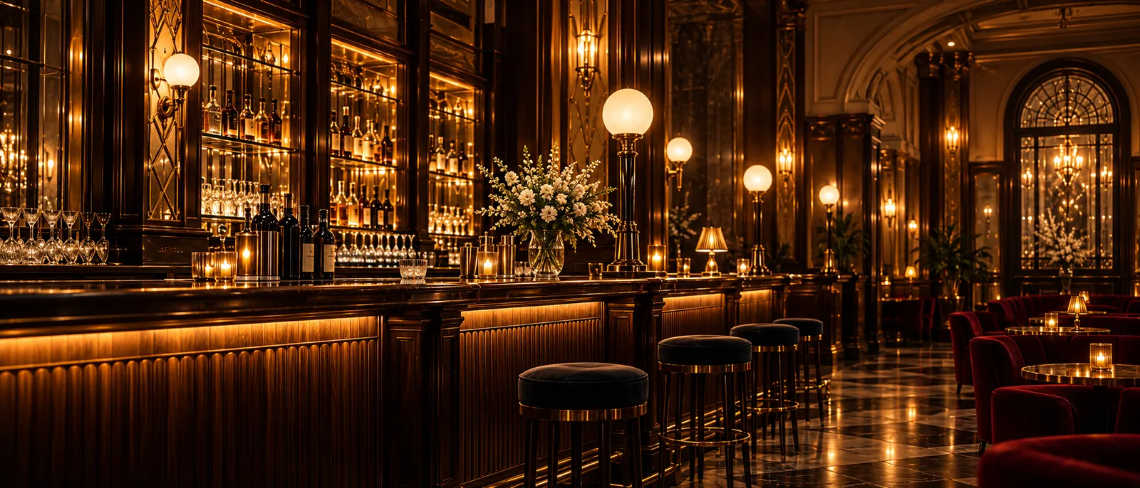 The art-deco foyer bar: a long polished wooden bar under brass globe lamps, mirrored shelves of glasses, stools and red velvet booths