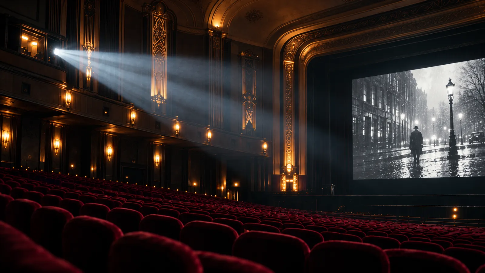 The dark art-deco auditorium of a single-screen cinema, the projector's beam crossing the haze to a black-and-white street scene on the screen above rows of red velvet seats
