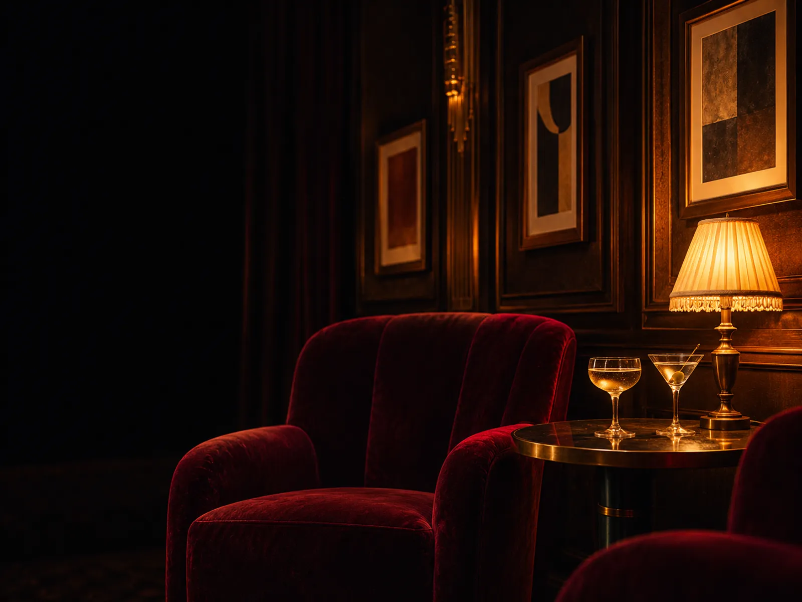A corner of the hire lounge: a red velvet armchair, a small table with two glasses and a fringed lamp on dark panelled walls