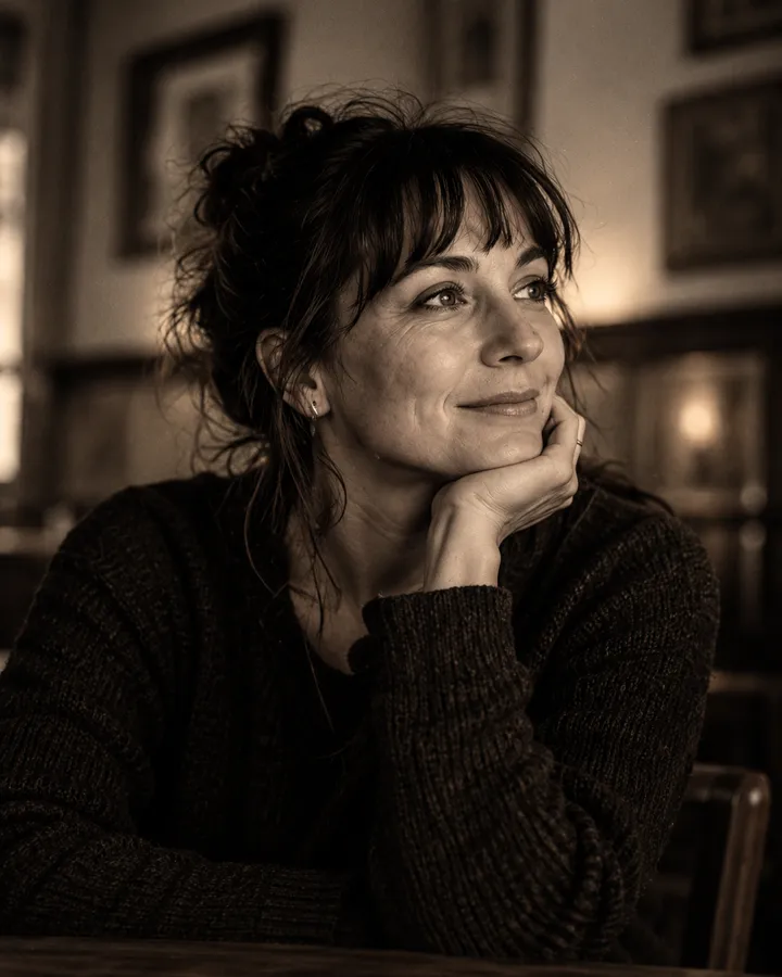 Ada Moreland, the programmer, smiling with her chin on her hand in a dim, lamplit office